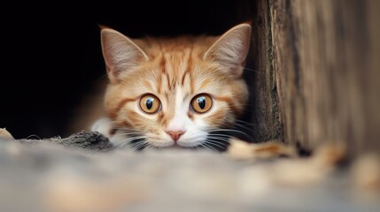 cat peeks out from behind a corner, with copy space with generative ai