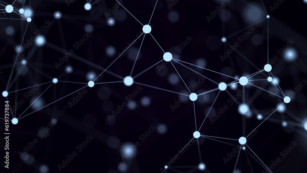 Poster big data visualization. network connection structure with chaotic distribution of points and lines. 