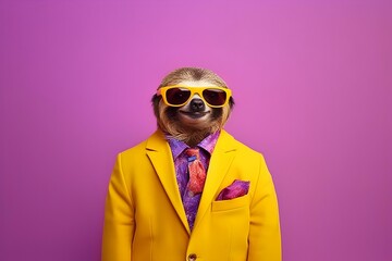a monkey wearing yellow suit and sunglasses in a purple background - obrazy, fototapety, plakaty