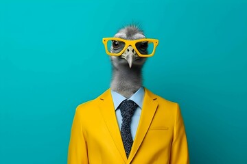 Fototapeta na wymiar a bird in a suit with glasses on, blue background