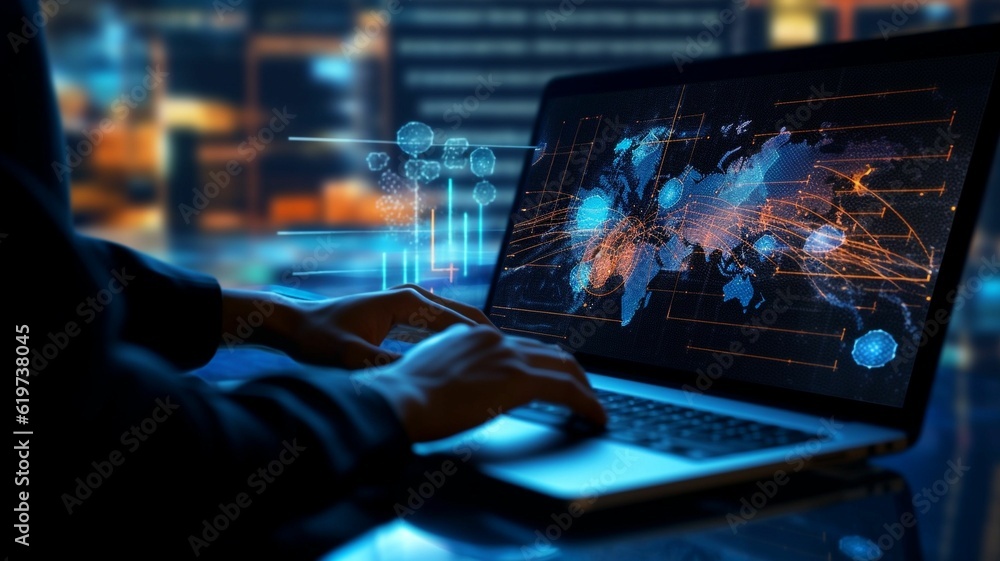 Poster ai generated illustration of a person is using a laptop displaying a network connection onscreen