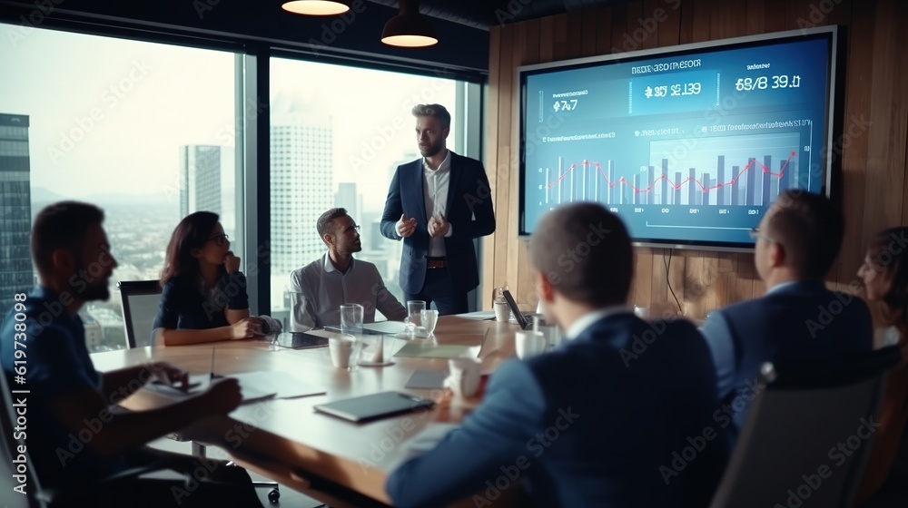 Poster business people meeting to analyse and discuss and brainstorming the financial report chart data in 