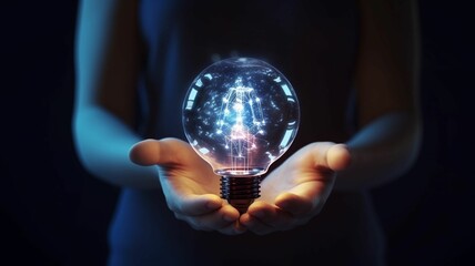 AI generated illustration of A female holding up a glowing light bulb against a vibrant background