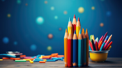 Back to school creative banner. Realistic Colorful crayon colored pencil set. Online learning digital education concept. Generative AI
