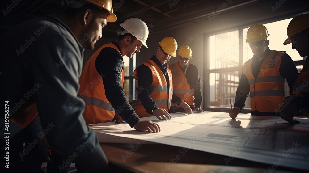Aufkleber construction team, and site building job for architect and contractor working together on safety vis