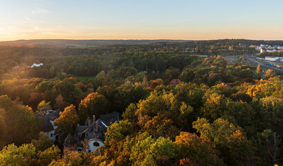 Syratal valley from lookout tower on Barenstein hill in Plauen city in Germany during autumn