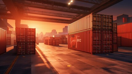 Fototapeta premium Container box in shipping port warehouse. generative ai