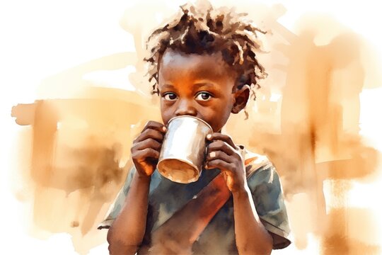 Drought, the problem of lack of water. A joyful child in Africa close-up drinks water from a mug