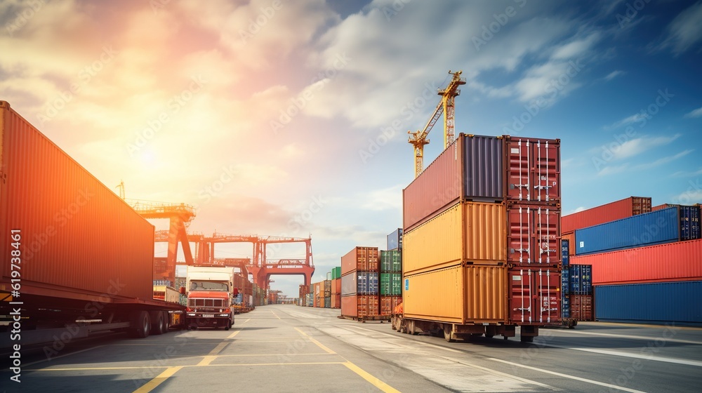 Poster container stacker crane lifting up stacking container box in yard, container loading cargo freight i
