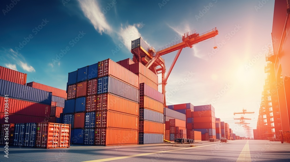Poster container stacker crane lifting up stacking container box in yard, container loading cargo freight i