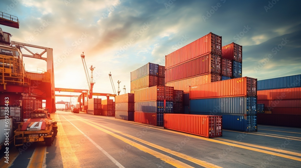 Poster container stacker crane lifting up stacking container box in yard, container loading cargo freight i