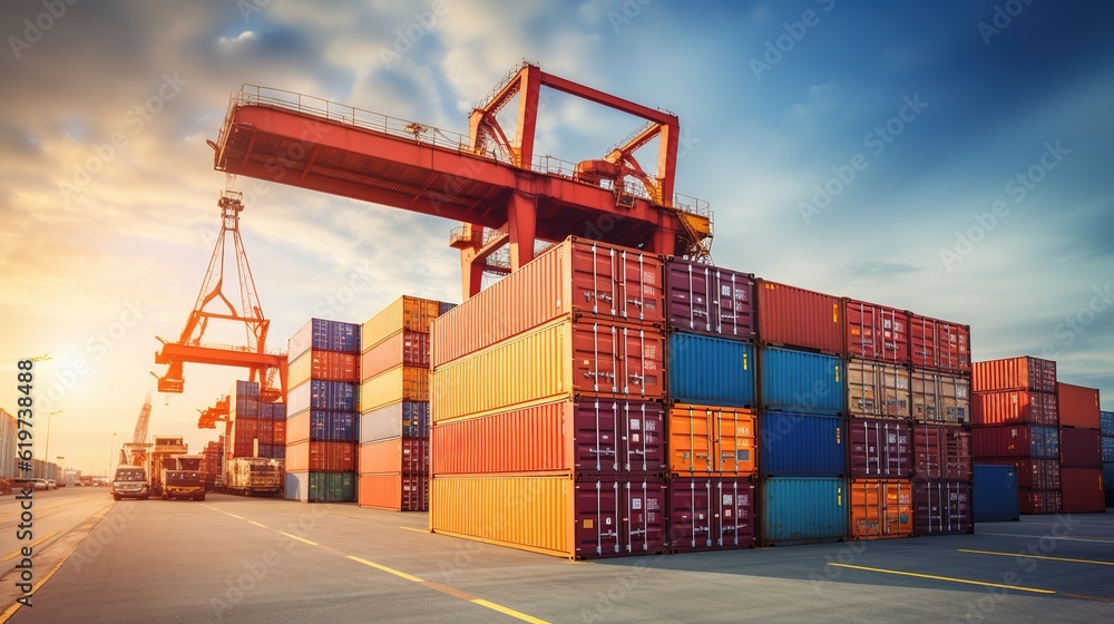 Poster container stacker crane lifting up stacking container box in yard, container loading cargo freight i