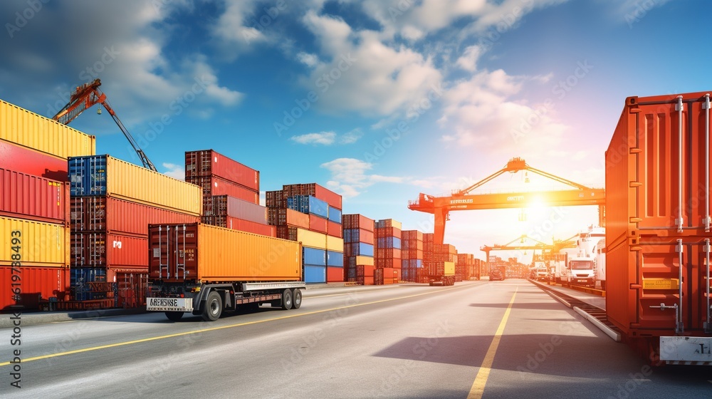 Poster container stacker crane lifting up stacking container box in yard, container loading cargo freight i