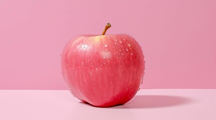 AI generated illustration of a red apple with sparkling water droplets against a pink background
