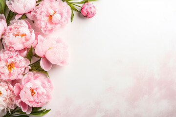 Many beautiful peonies blossoms on light background with copy space.
