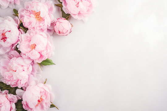 Many beautiful peonies blossoms on light background with copy space.