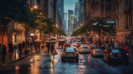 Naklejka premium AI generated illustration of A busy cityscape at nightfall