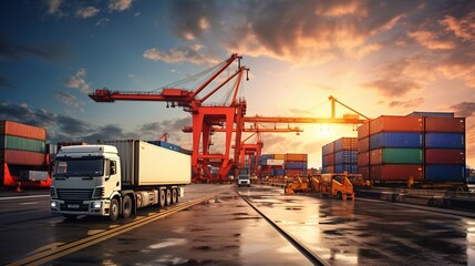 Transportation and logistic network distribution. Container cargo ship and industrial cargo freight trucks for shipping. generative ai