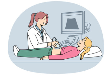 Female doctor do ultrasound examination for small girl in hospital. Woman therapist or pediatrician make checkup perform organs scanning to teen kid in clinic. Healthcare. Vector illustration.