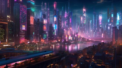 AI generated illustration of a bustling cityscape illuminated by vibrant neon lights at night