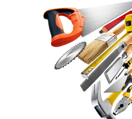 Carpentry tools on white background with copy space