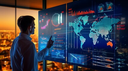 a male examining economic world trends on monitors