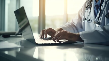Close up of male doctor working and typing on laptop computer at doctor's office with stethoscope with generative ai - Powered by Adobe