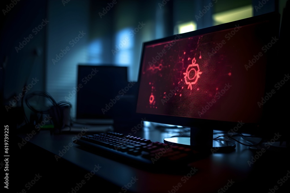 Aufkleber ai generated office desk with a computer monitor illuminated by a bright red light