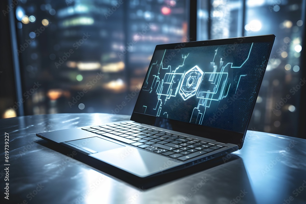 Poster ai generated laptop computer with a cyber-style design displayed on its screen