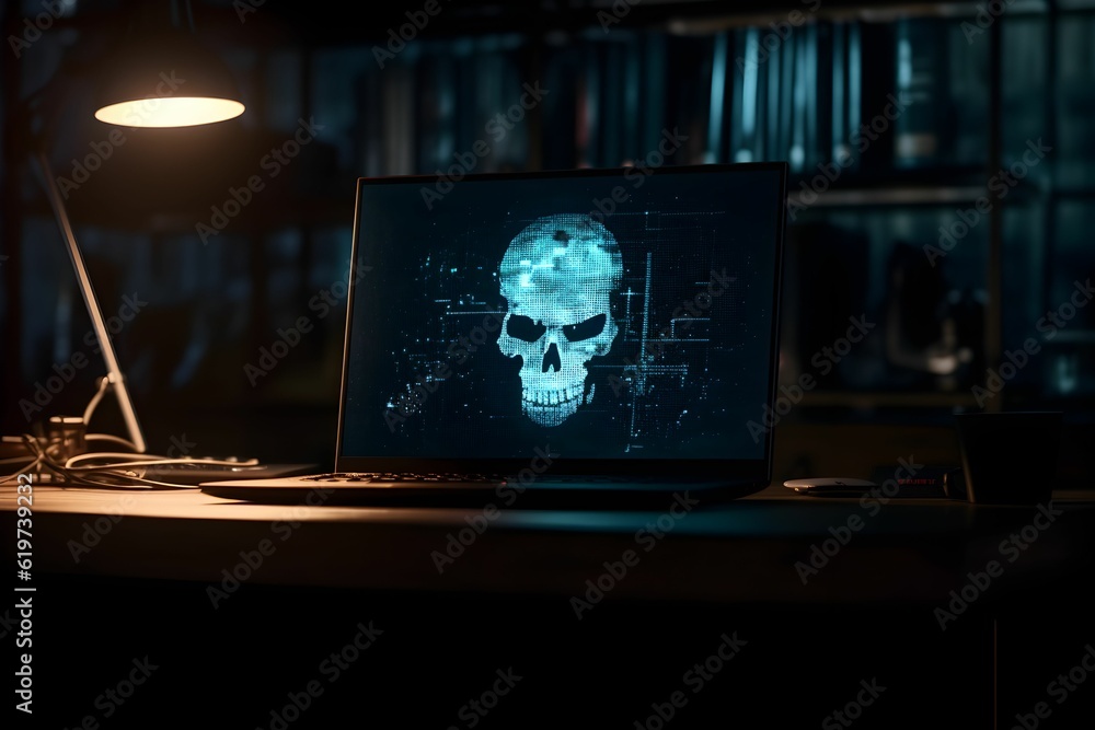 Poster ai generated laptop computer displaying an image of a glowing skull