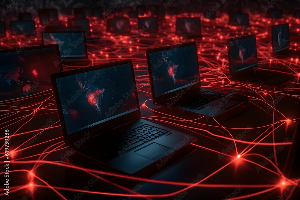 Poster ai generated collection of laptop computers with glowing red lights