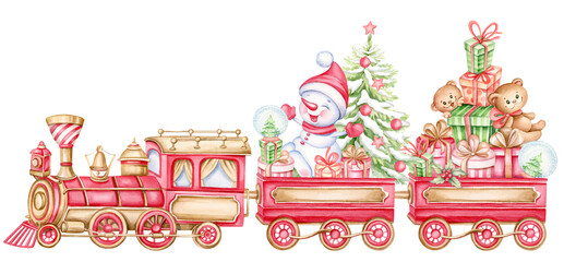 Vintage Santa's train with Christmas tree, snowman and gifts isolated on white background. Cute hand drawn watercolor illustration in cartoon style for children's invitations and greeting cards.