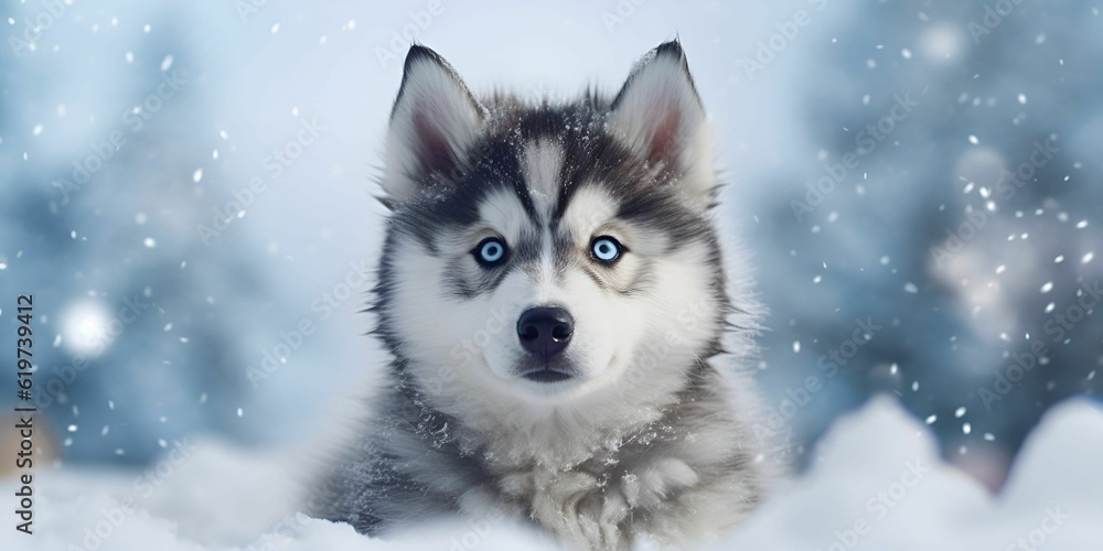 Poster ai generated illustration of a beautiful white and grey husky dog sitting on freshly fallen snow