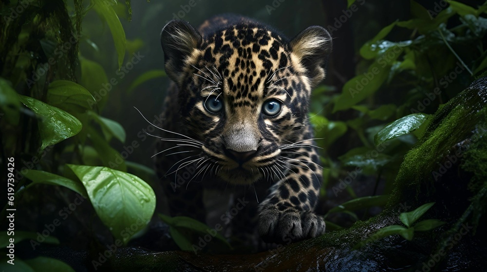 Poster AI generated illustration of a baby Leopard in a lush green forest