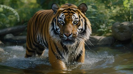 AI generated illustration of a majestic Bengal tiger striding across a shallow river