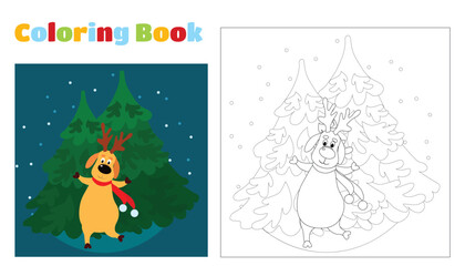 Christmas coloring book for children and adults. A deer in a red scarf is dancing on the background of the Christmas trees. Christmas scene in cartoon flat style. A feeling of holiday and coziness.