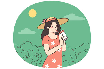 Happy young woman enjoy summer drink cold refreshing drink walking in park. Smiling girl in summertime wear having hydrating cooling juice or cocktail. Refreshment. Vector illustration.