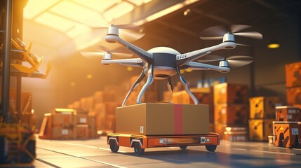 Background of a delivery drone flying from a distribution warehouse to an automotive garage customer service repair center. with generative ai