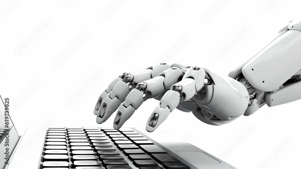 Poster ai generated illustration of a robotic arm extended towards a computer keyboard