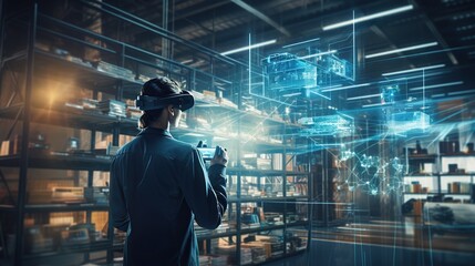 Virtual reality technology of the future for creative VR warehouse management. Smart technology concept for the Fourth Industrial Revolution. generative ai - obrazy, fototapety, plakaty