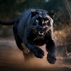 AI generated illustration of a closeup of a black leopard with bright eyes, in a forest