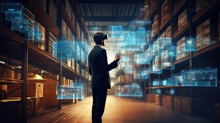 Future virtual reality technology for innovative VR warehouse management . Concept of smart technology for industrial revolution. generative ai