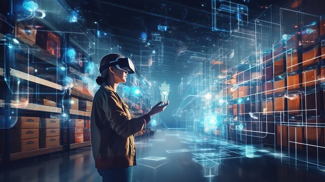 Future virtual reality technology for innovative VR warehouse management . Concept of smart technology for industrial revolution. generative ai