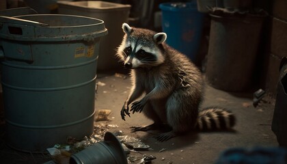 AI generated illustration of an adorable raccoon standing next to rubbish - obrazy, fototapety, plakaty