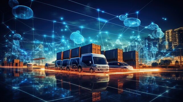 Transportation and logistic network distribution growth. Container cargo ship and trucks of industrial freight for shipping. Business logistic import export and transport industry with generative ai