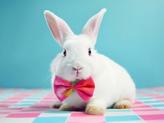 AI generated illustration of an adorable rabbit wearing a pink bow tie on a checkered tablecloth