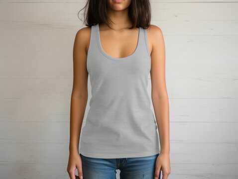 AI generated illustration of a young woman wearing a simple gray tank top