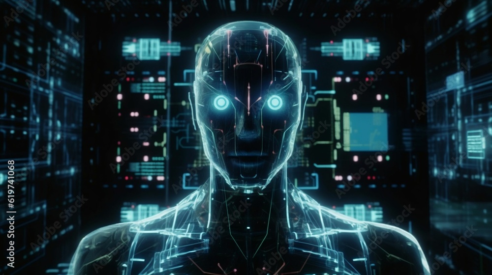 Aufkleber ai generated illustration of a robotic humanoid against a backdrop of computer monitors