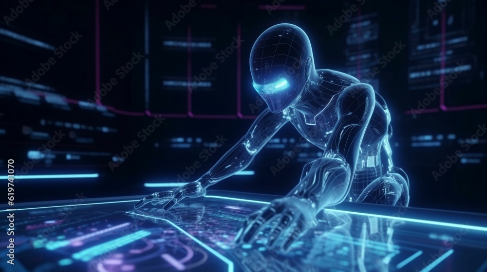 Aufkleber ai generated illustration of a robotic humanoid against a backdrop of computer monitors