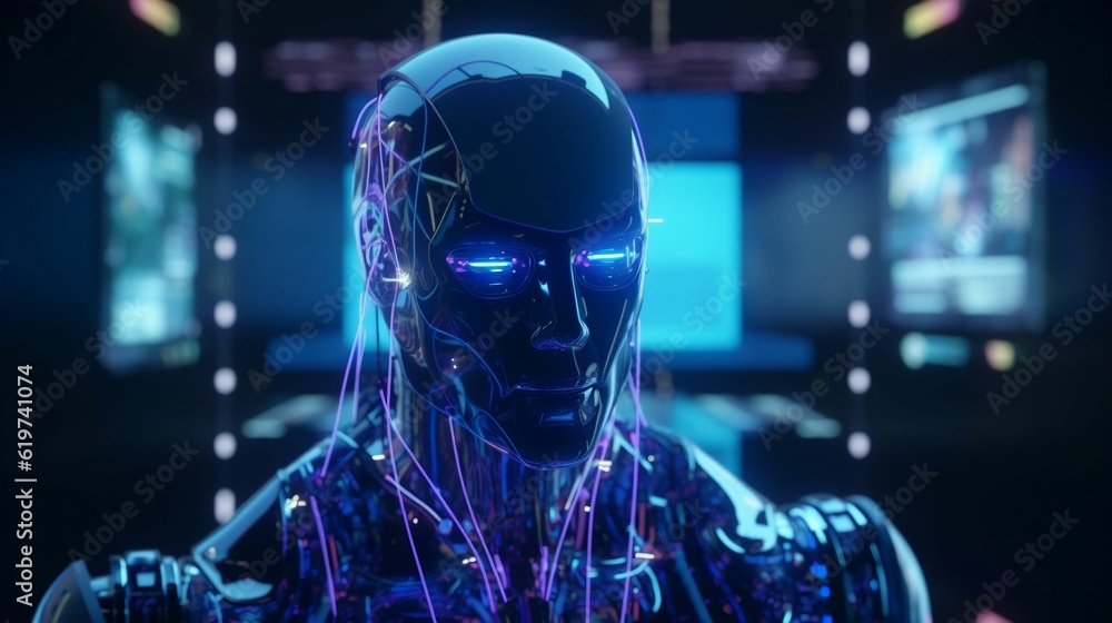 Aufkleber ai generated illustration of a robotic humanoid against a backdrop of computer monitors